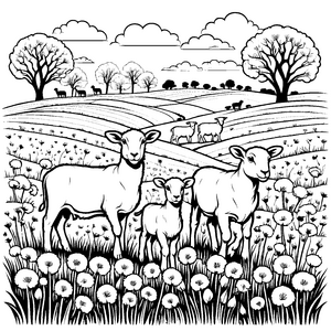 Bezaubernde Schafe in blühendem Feld Ausmalbild für fröhliche Naturentdecker