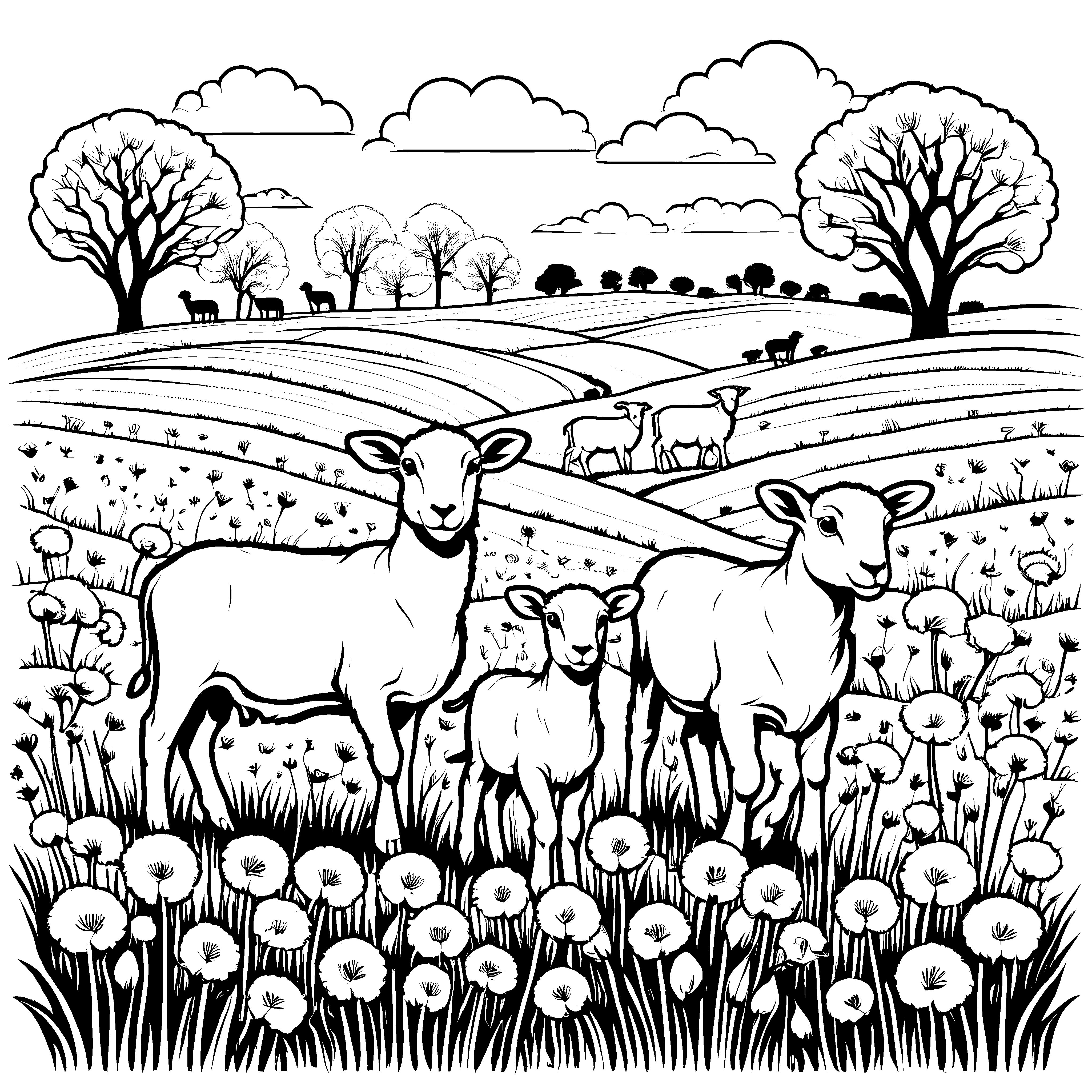 Bezaubernde Schafe in blühendem Feld Ausmalbild für fröhliche Naturentdecker
