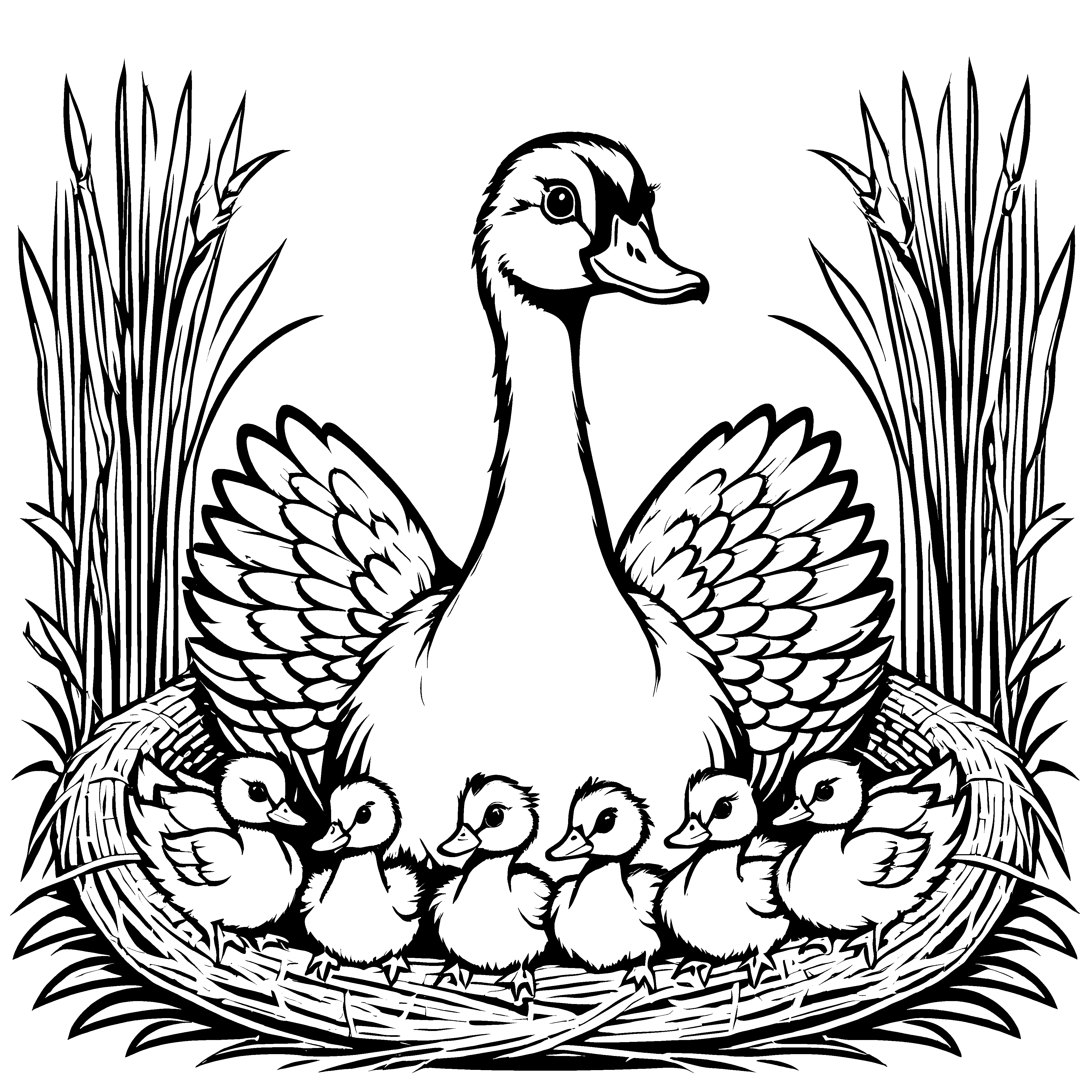 Nurtured Gans mit ihren sieben putzigen Küken Ausmalbild für junge Tierentdecker
