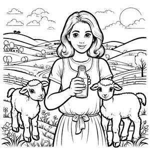 Liebliche Frau mit Milchflasche und zwei ländlichen Lämmern Ausmalvorlage für fantasievolle Tierentdecker