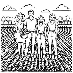 Familie bei der spannenden Ernte mit Gemüse Malvorlage für neugierige kleine Landwirtschaftsfreunde