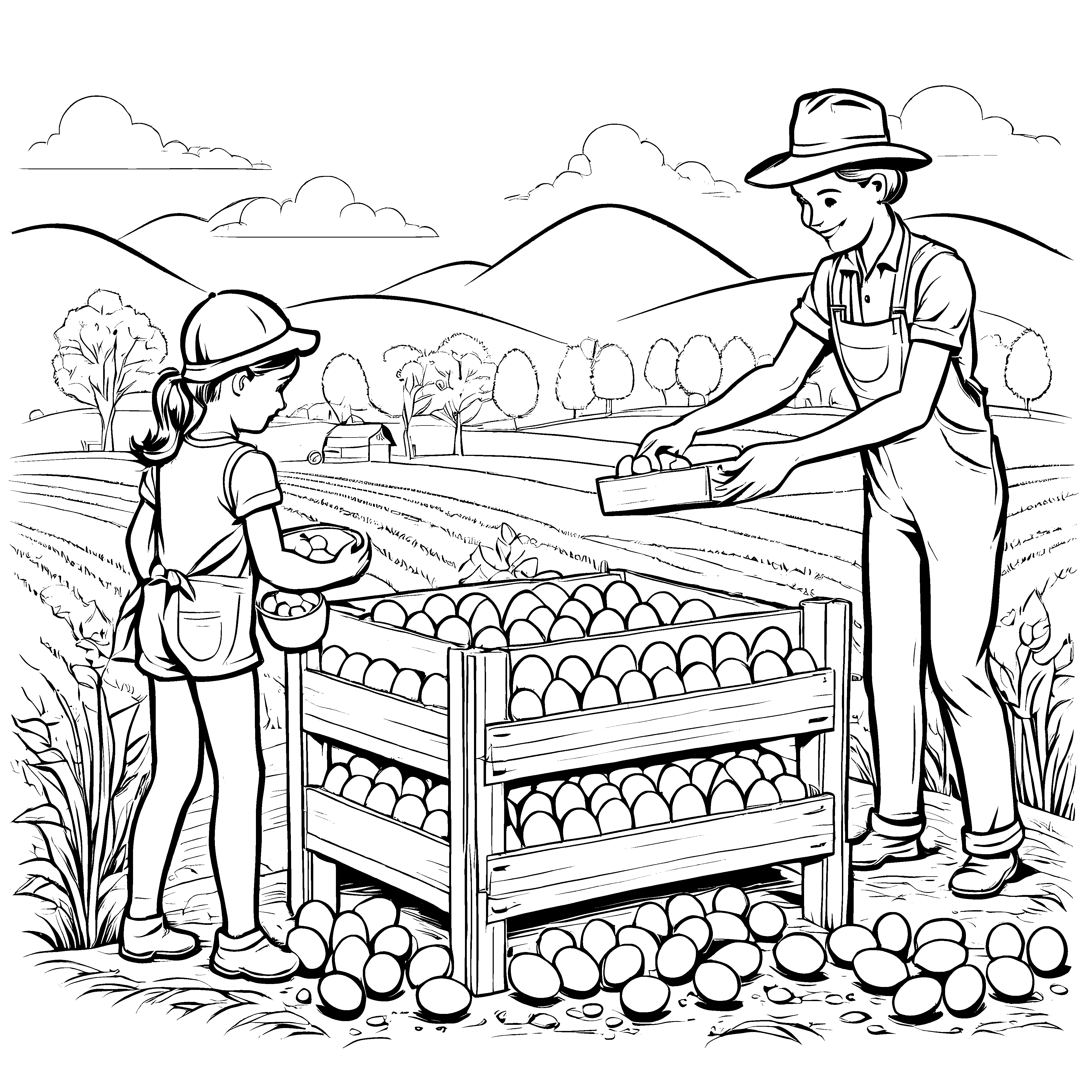 Fröhlicher Mann mit Eierkörben im Feld Ausmalmotiv für kleine Sammler mit großen Träumen