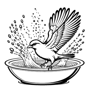 Spritziger Vogel beim Baden im Wasserbad Ausmalvorlage für kleine Fantasieabenteurer