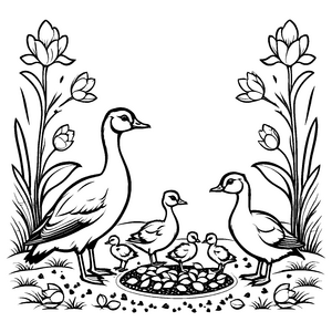 Neun niedliche Entenfamilien am fröhlichen Nest Ausmalbild für kleine Naturfreunde