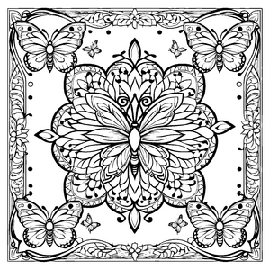 Bezauberndes Mandala Mix mit umschwirrenden Schmetterlingen Ausmalmotiv für kleine Farbzauberer auf sprühenden Fantasie-Abenteuern