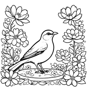 Zauberhafter Vogel auf blühendem Ast Ausmalmotiv für kleine Naturentdecker