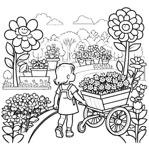 Mädchen mit schillerndem Blumenrad beim Gartenbummel Ausmalmotiv für abenteuerlustige Naturfreunde