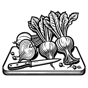 Kreative Rote Bete mit Zwiebeln und Knoblauch Ausmalmotiv für kleine Küchenzauberer