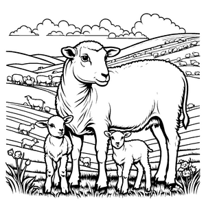 Herzliche Schaf-Familie mit zwei Lämmern Ausmalbild für liebevolle Tierfreunde