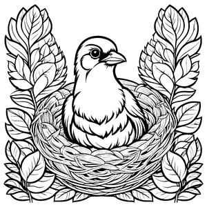Künstlerisches Nest mit ruhendem Vogel und Eiern Ausmalvorlage für abenteuerliche kleine Naturfreunde mit leuchtenden Träumen