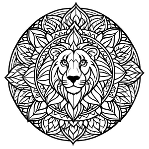 Majestätisches Mandala Mix mit einem Löwen-Motiv Ausmalvorlage für mutige Farbentdecker auf abenteuerlichen Kreativreisen