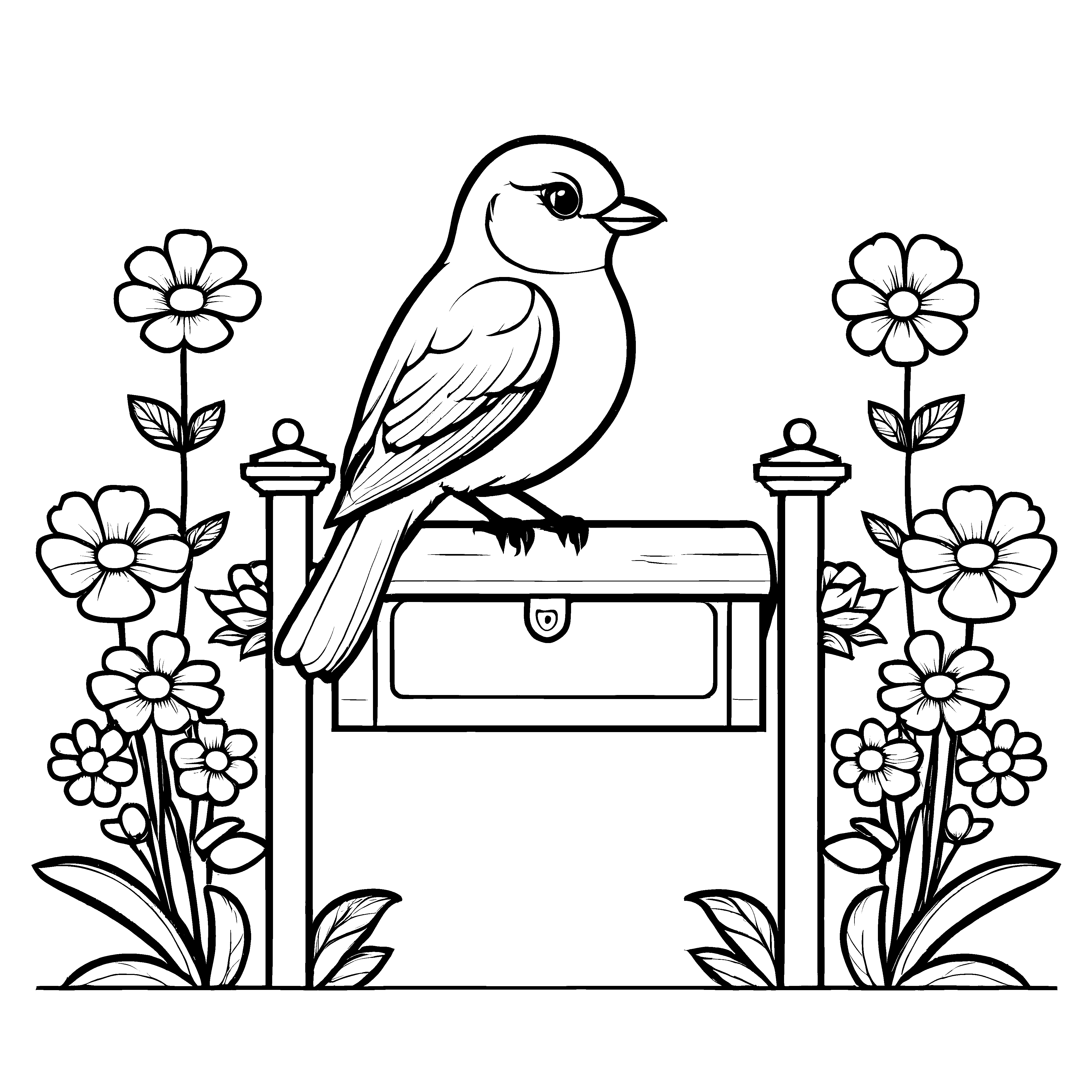 Zauberhafter Vogel auf blühendem Postkasten Malvorlage für kleine Gartenfreunde