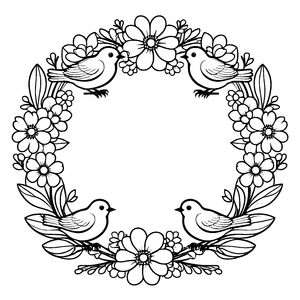 Zwei charmante Vögel im floralen Kranz Ausmalmotiv für fröhliche Farbträumer