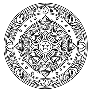 Mystisches Mandala Mix mit funkelnden Sternen Ausmalbild für kreative Träumer auf farbenfrohen Entdeckungsreisen