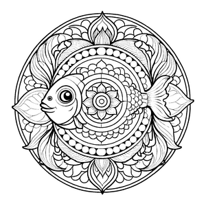 Kreatives Mandala Mix mit schwimmendem Fisch und geometrischen Mustern Ausmalvorlage für neugierige Künstler auf fantasievollen Expeditionen