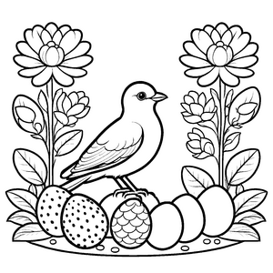 Schöne Vogelmama mit bunten Eiern und Früchten Ausmalbild für kleine Gartenkünstler