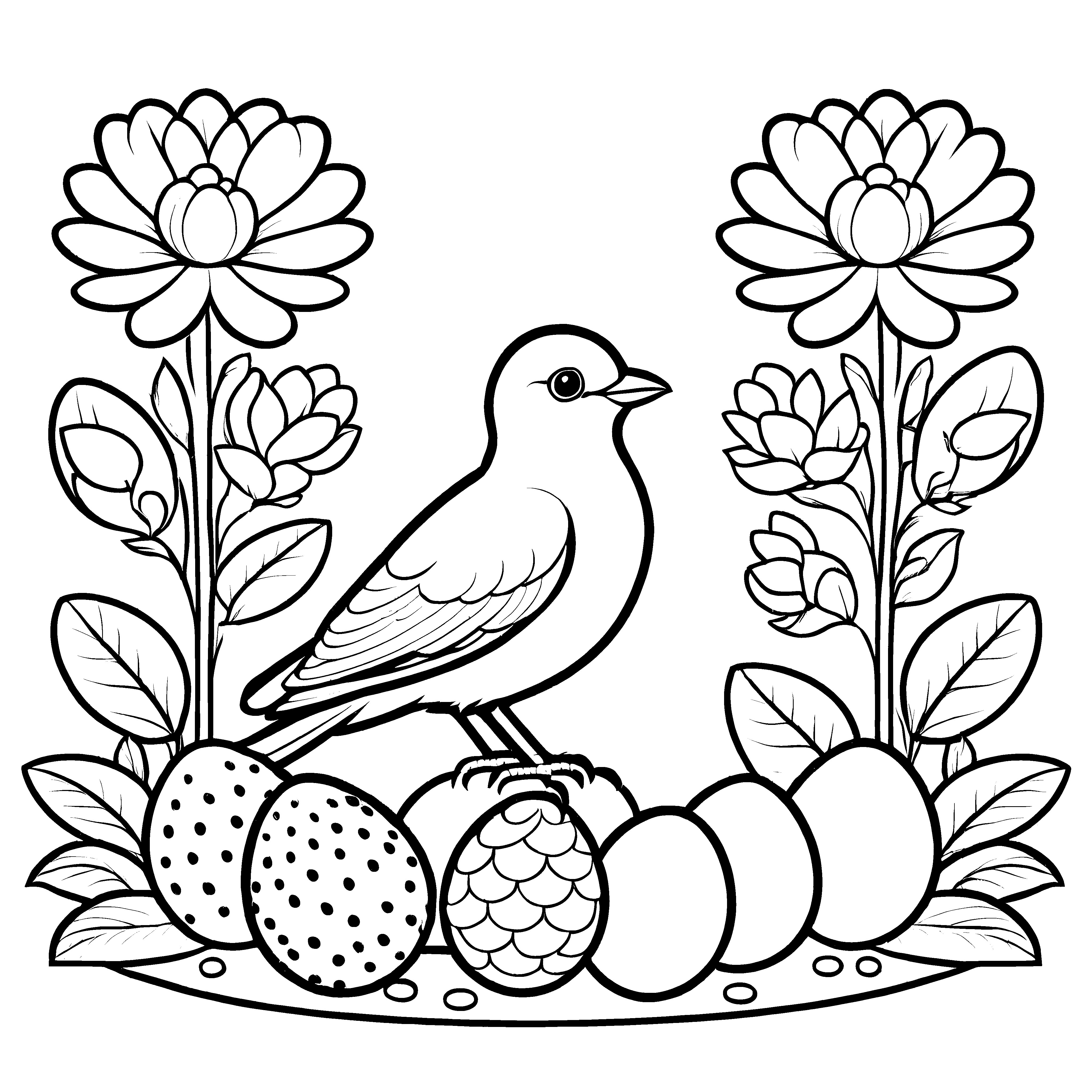 Schöne Vogelmama mit bunten Eiern und Früchten Ausmalbild für kleine Gartenkünstler