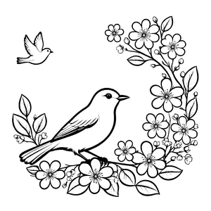 Süßer Vogel auf bunten Blumenwiesen Malvorlage für kleine Künstler im Blütenrausch