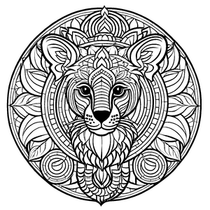 Majestätisches Mandala Mix mit löwenartigem Motiv Malvorlage für mutige Farbentdecker auf aufregender Fantasiereise