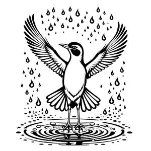 Friedlicher Vogel im Pfützenspiegel unter regnerischem Himmel Ausmalbild für kreative Wasserratte