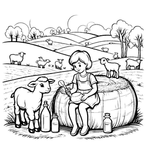 Mädchen mit neugierigem Lamm und schauendem Ziegenbock Ausmalbild für kleine Tierliebhaber und Entdecker