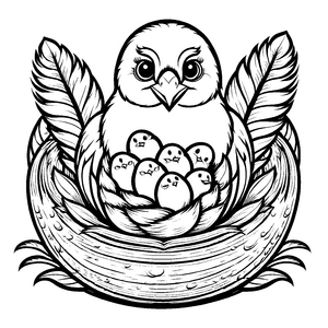 Schützender Vogel mit Küken im Nest Ausmalbild für junge Tierfreunde voller Entdeckergeist