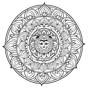 Bezauberndes Mandala Mix mit spirituellen Symbolen Ausmalbild für fantasievolle Entdecker auf farbenfroher Reise