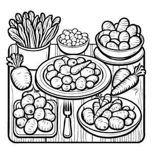 Gemüsevielfalt mit Schwarzwurzel und frischen Leckereien Ausmalbild für kleine Gourmetentdecker