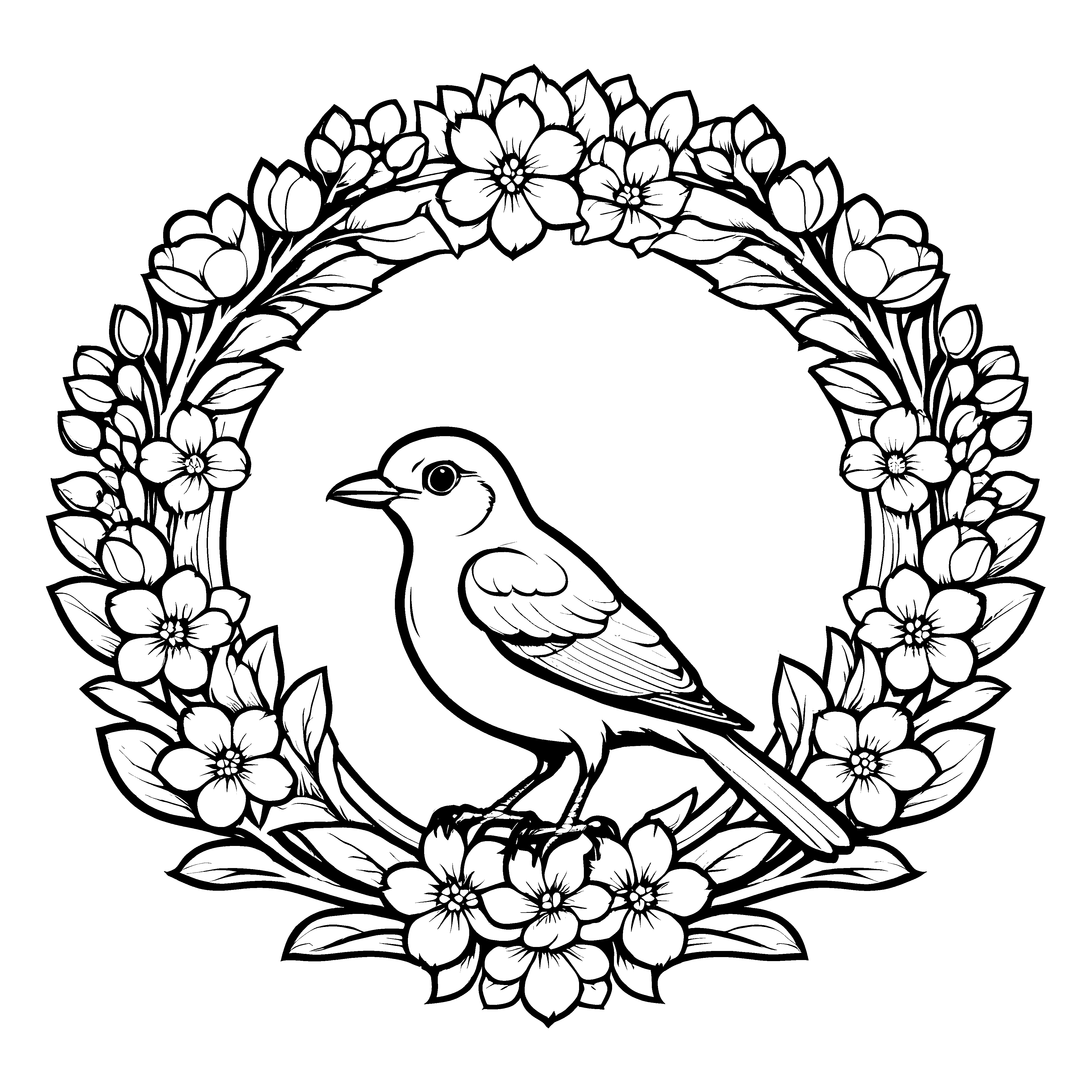 Bezaubernder Vogel im Blütenkranz Ausmalbild für kleine Blumenfreunde