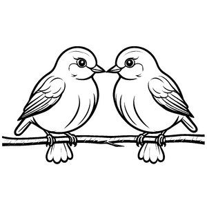 Verliebte Vögel auf Ast mit Herzen im Schnabel Malvorlage für fantasievolle Liebeszauberer