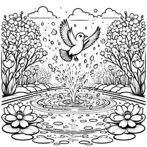 Fliegender Vogel über schimmerndem Teich Ausmalvorlage für fantasievolle Wasserliebhaber