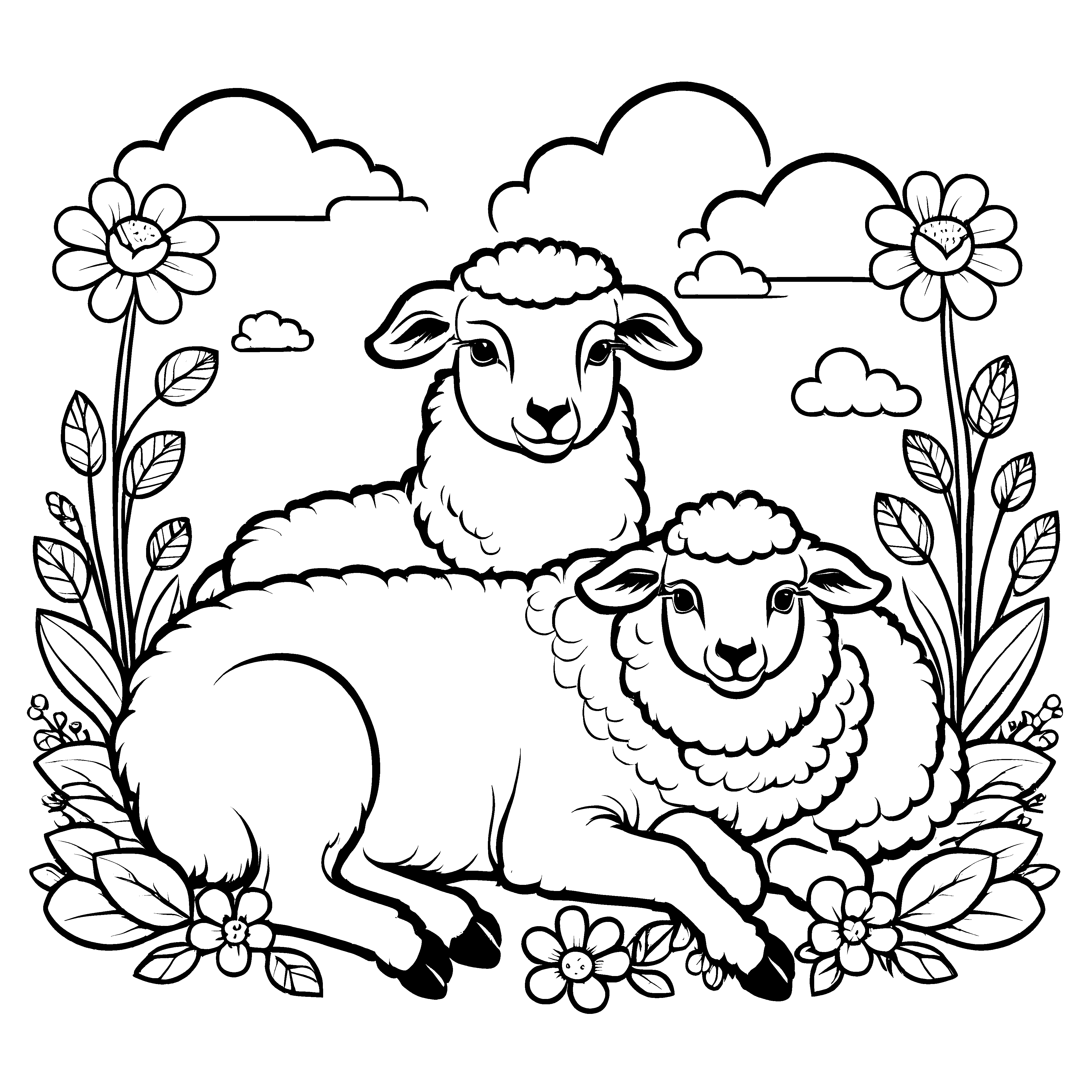 Zwei charmante Lämmer in blühenden Wiesen Ausmalbild für kleine Blumenmaler