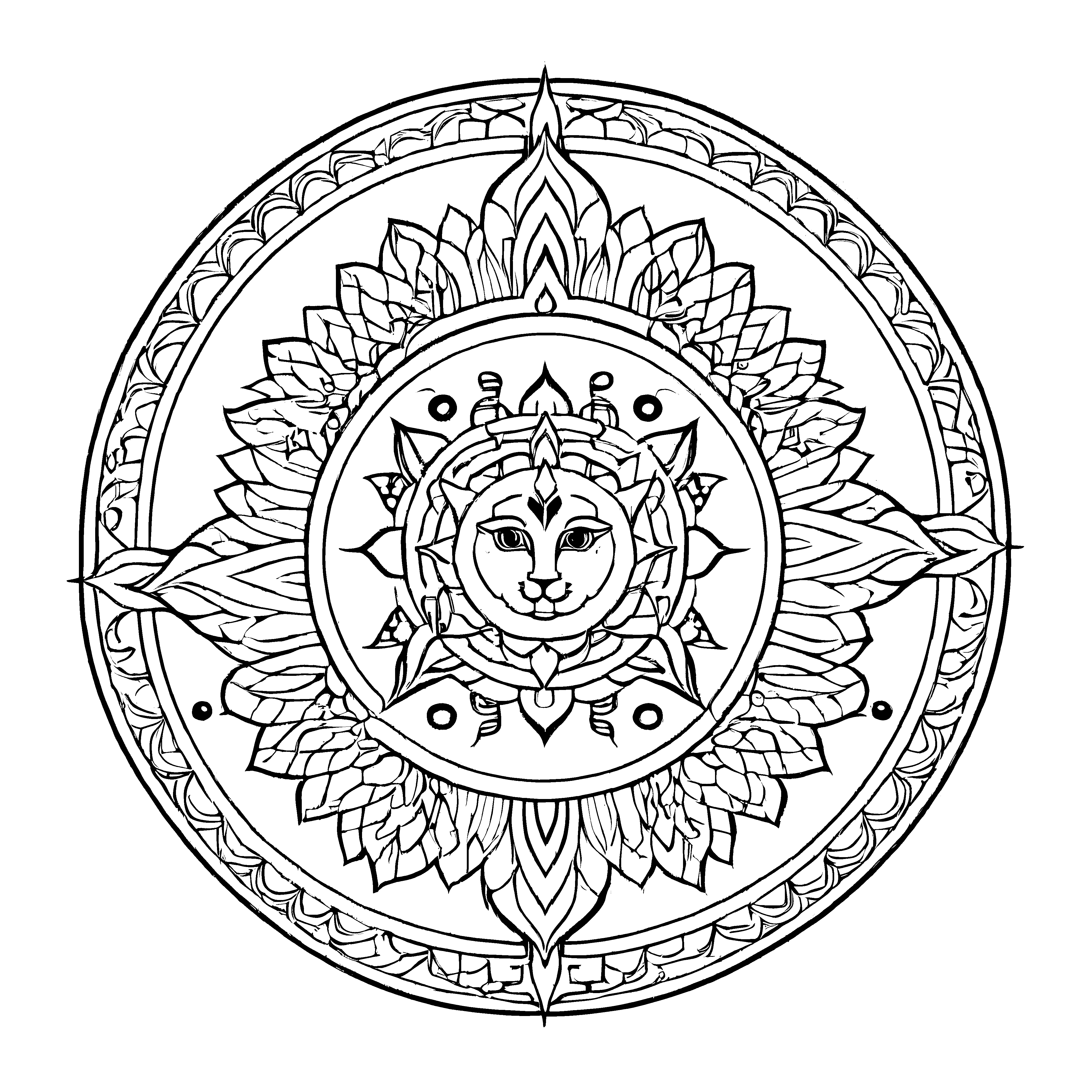 Faszinierendes Mandala Mix mit sonnigem Zentrum Ausmalbild für lebhafte Farbenzauberer auf einer fantastischen Entdeckungsreise