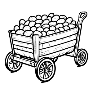 Bunte Kartoffelernte im schicken Holzwagen Ausmalvorlage für kleine Entdecker