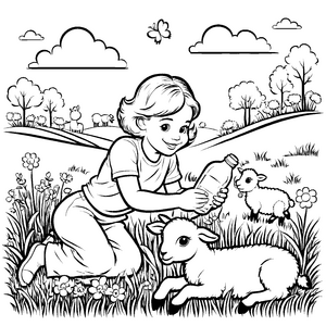Zärtliches Mädchen mit lieblichem Lamm und Milchflasche Malvorlage für junge Pfleger und Tierfreunde