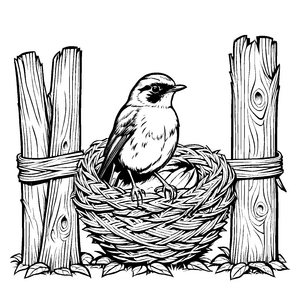 Kleiner Vogel in kunstvollem Nest auf Holzpfosten Ausmalvorlage für kreative Naturforscher