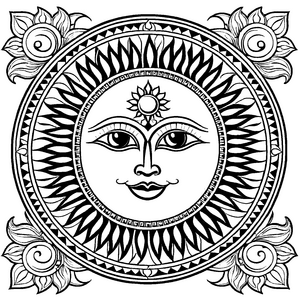 Strahlendes Mandala Mix mit fröhlichem Sonnenmotiv Ausmalvorlage für entdeckungsfreudige Künstler auf ihrer bunten Fantasiereise