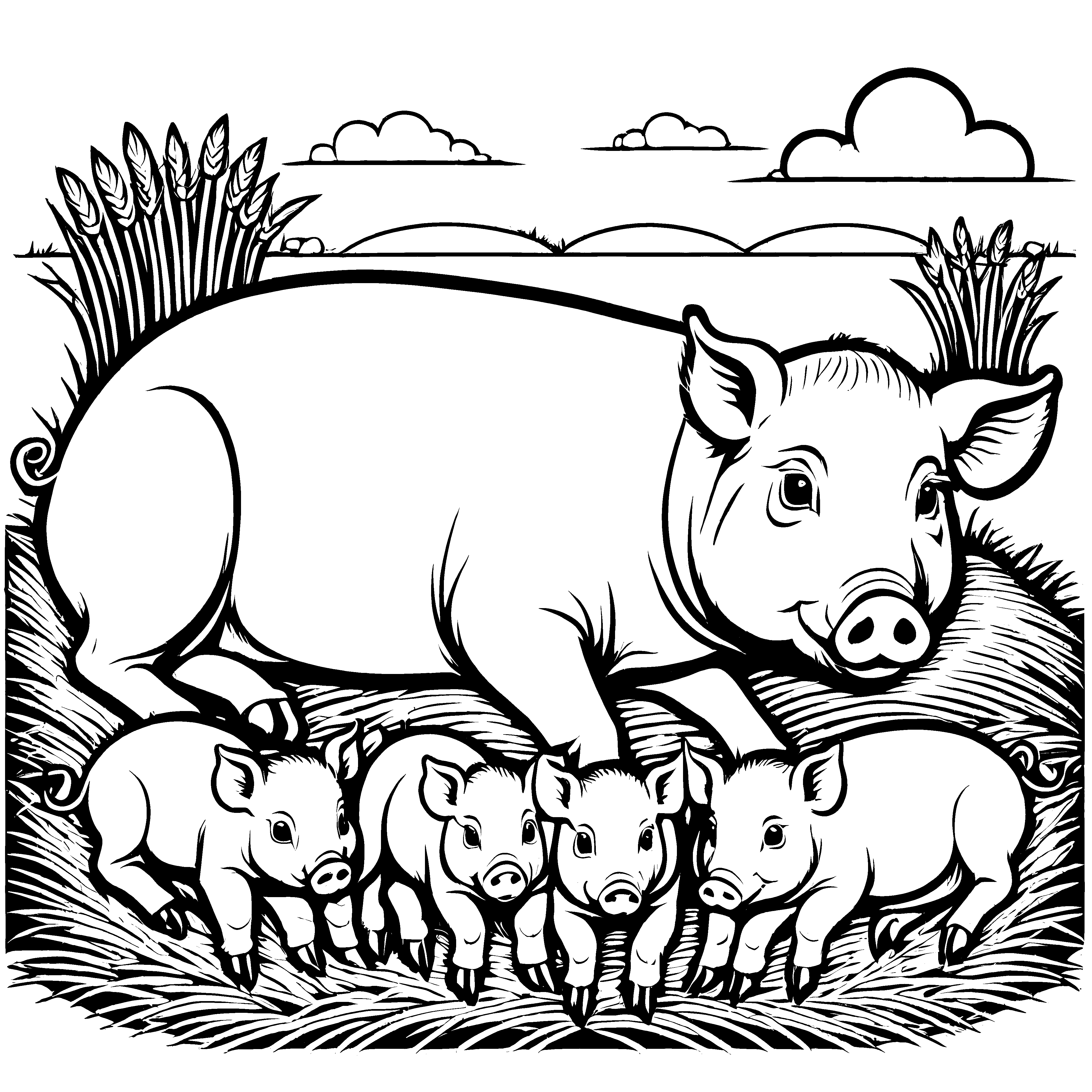 Wärmeliebende Ferkel-Mama mit drei niedlichen Ferkelchen Ausmalmotiv für kleine Herzenskünstler