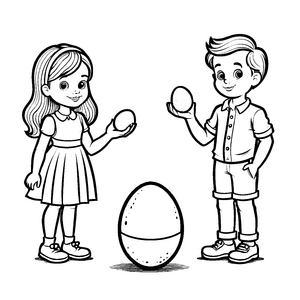 Fröhliche Kinder mit großem Ei in der Hand Ausmalvorlage für kleine Entdecker voller Sammelspaß