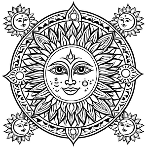 Strahlendes Mandala Mix mit Sonne Mond und Sternen Ausmalbild für neugierige Farbentdecker auf ihrer kreativen Reise