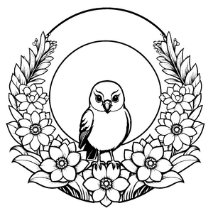 Fesselnder Vogel im Blütenkreis Ausmalbild für kreative Naturzauberer