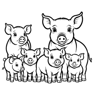 Fünf fröhliche Ferkel in harmonischer Runde Ausmalmotiv für junge Tierentdecker