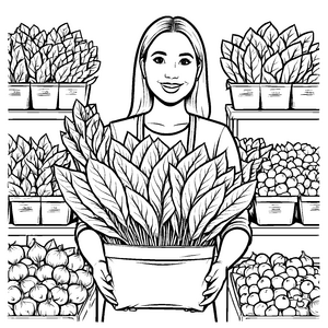 Strahlende Amaranth-Blätter in fröhlichem Küchenumfeld Ausmalmotiv für kleine Botaniker und Küchenchefs