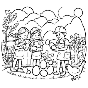 Drei neugierige Kinder beim Eiersammeln im Garten Ausmalbild für kleine Entdeckerfreunde