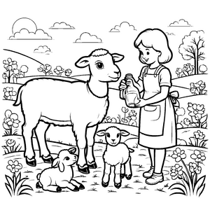 Wärmendes Lächeln einer Frau mit zwei Lämmern Ausmalmotiv für fantasievolle Tierfreunde und kleine Helfer
