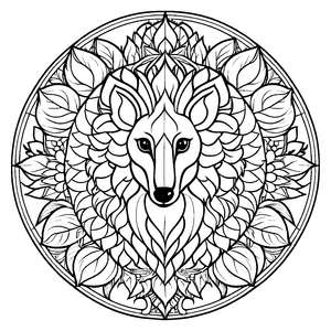 Mystisches Mandala Mix mit einem Wolfsgesicht Ausmalbild für fantasievolle Entdecker auf ihrer kreativen Abenteuerreise