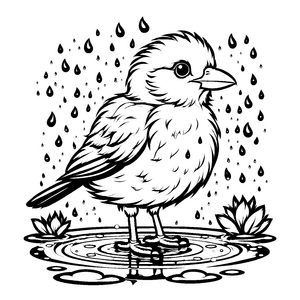 Tanzender Vogel im spritzenden Wasserregen Ausmalbild für fröhliche Naturforscher