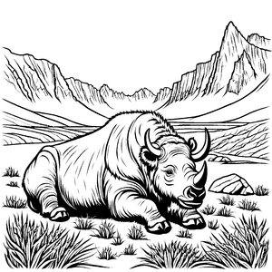 Gemütliches Wollnashorn auf der grünen Wiese Ausmalbild für kleine Naturfreunde