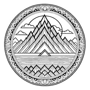 Mystisches Mandala Mix mit gewaltigen Bergen Ausmalmotiv für kreative Traumfänger auf ihrer künstlerischen Reise