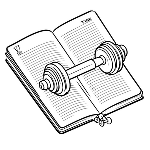 Buch mit Hantel und Fitnessgeräten Ausmalmotiv für kleine Bewegungsfreunde